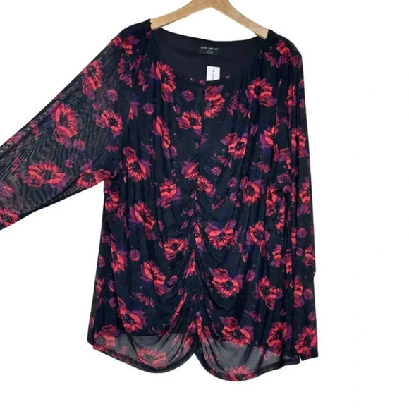 Lane Bryant Mesh Black Red Floral Top Shirt Ruching Sheer Sleeves Sz 30/32 NEW - Picture 3 of 9